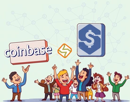 Cartoon illustration depicting Coinbase enabling Sapien on its platform, symbolizing enhanced Coinbase Sapien support and new opportunities.