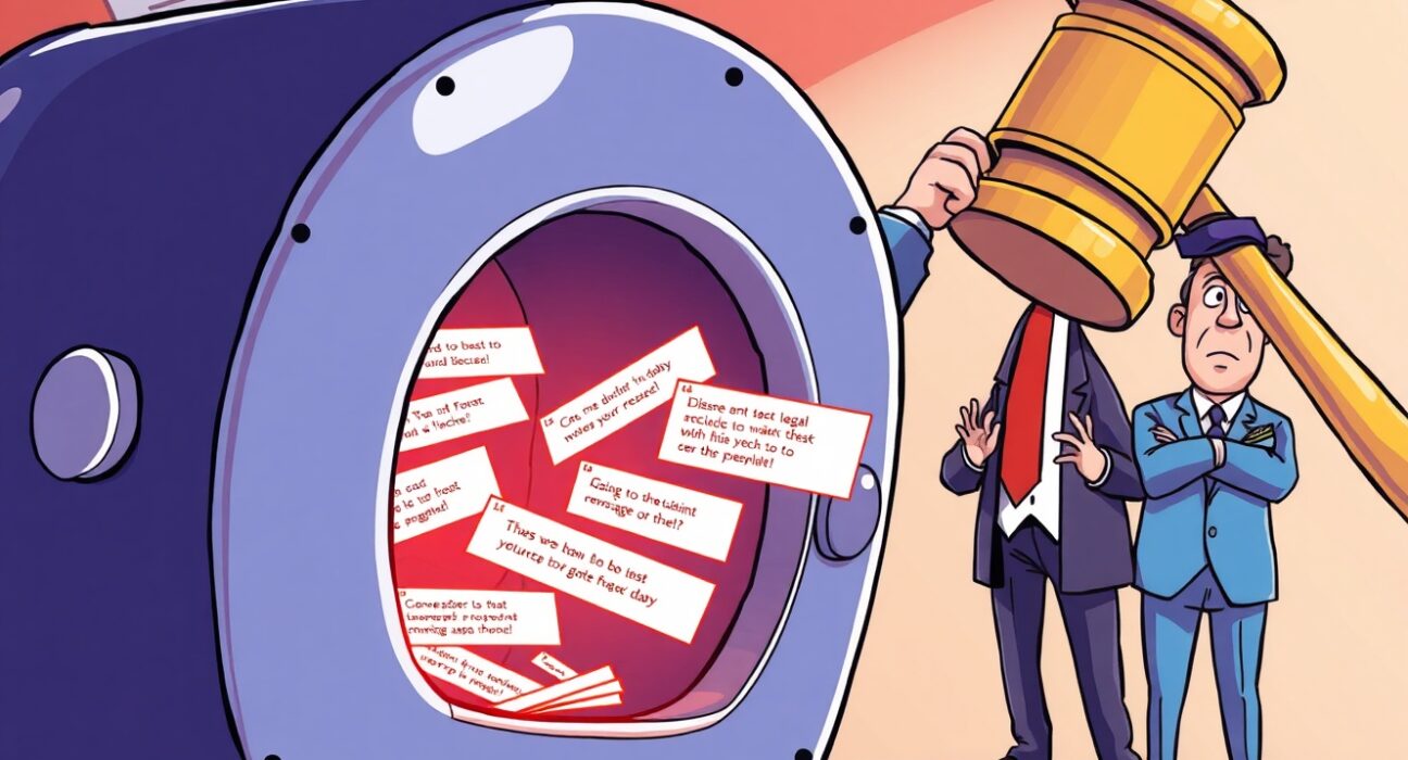 Cartoon showing a legal battle over digital records, with a gavel and text messages. Highlights the dispute over Coinbase SEC texts.