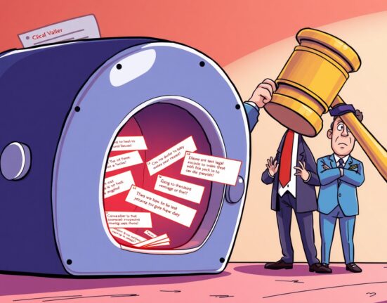 Cartoon showing a legal battle over digital records, with a gavel and text messages. Highlights the dispute over Coinbase SEC texts.