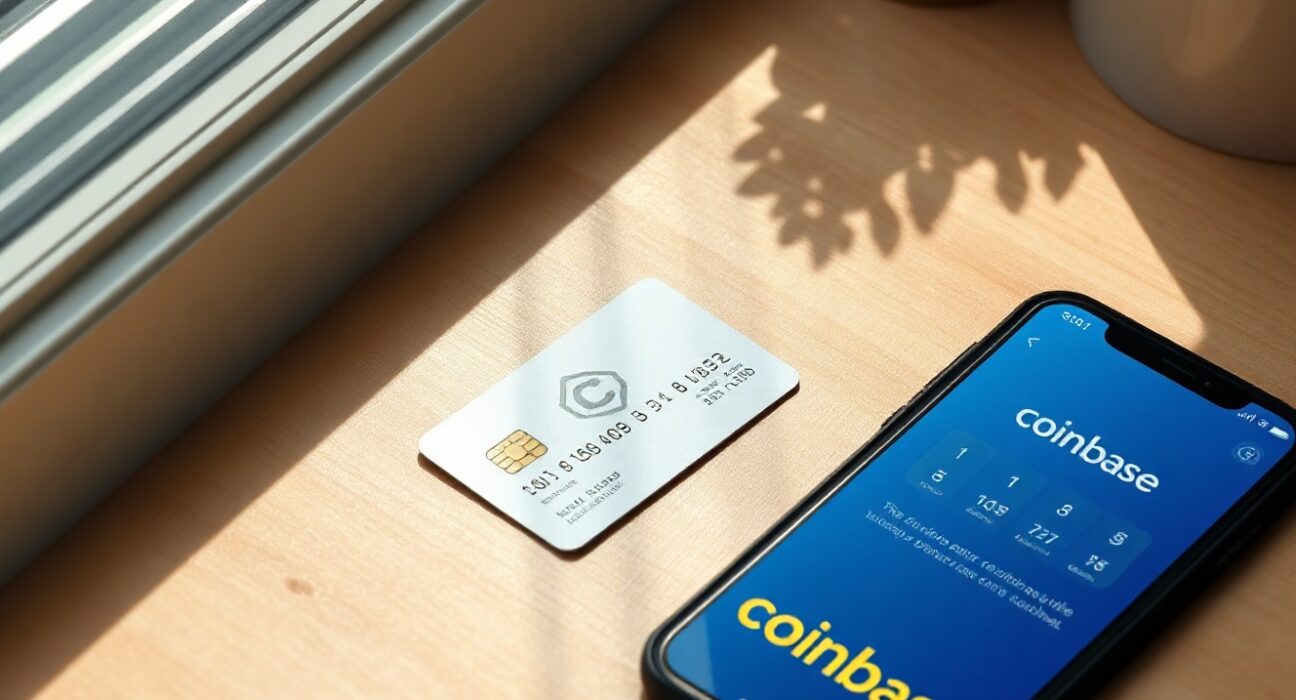 Coinbase secured credit card and smartphone showing the Coinbase app on a wooden desk.