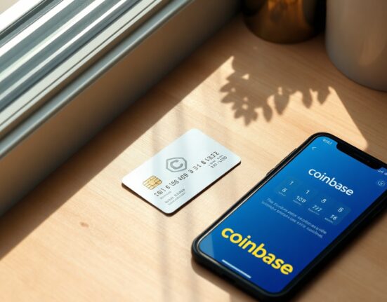 Coinbase secured credit card and smartphone showing the Coinbase app on a wooden desk.