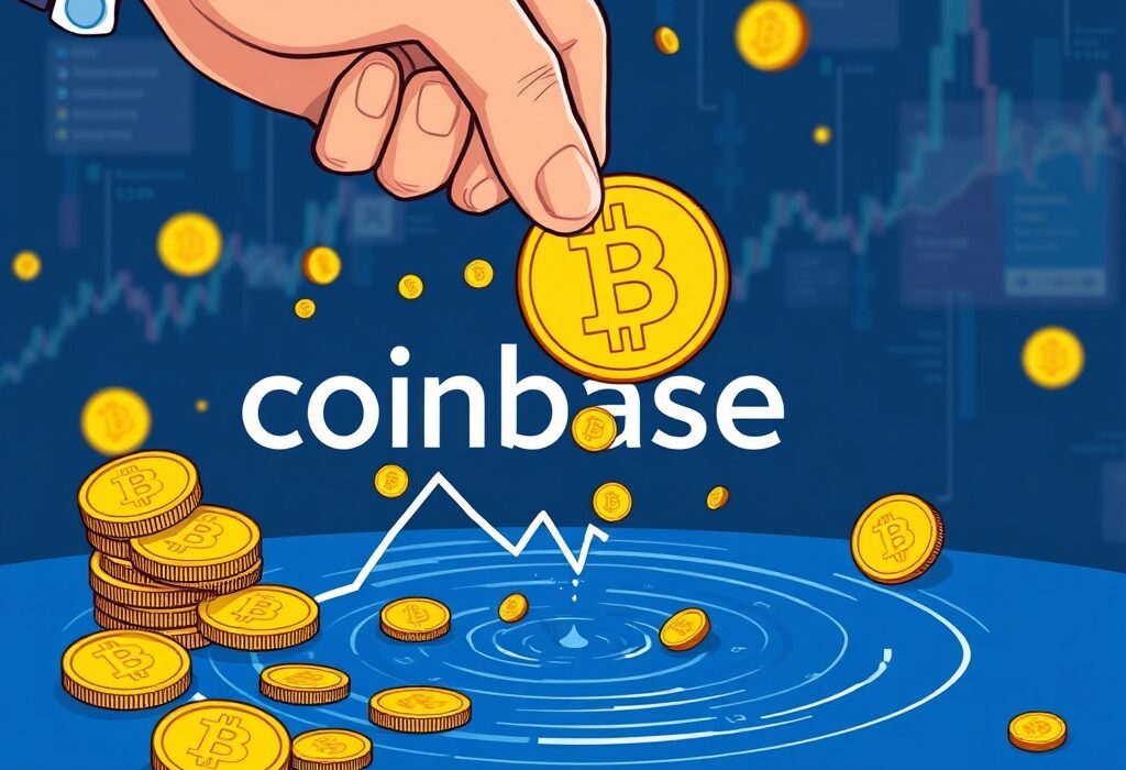 A cartoon illustrating significant Coinbase selling pressure on Bitcoin, showing BTC deposits causing price drops.