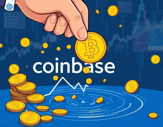 A cartoon illustrating significant Coinbase selling pressure on Bitcoin, showing BTC deposits causing price drops.