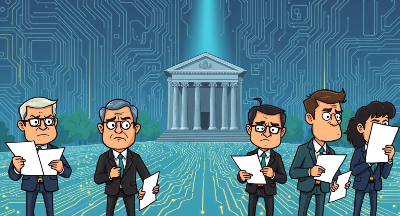 Cartoon of Coinbase shareholders suing executives in a tense legal setting.