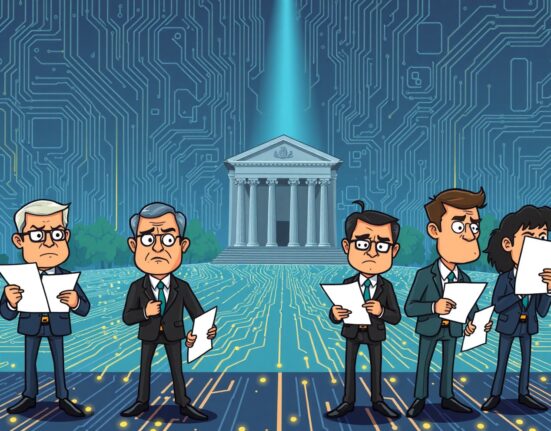 Cartoon of Coinbase shareholders suing executives in a tense legal setting.