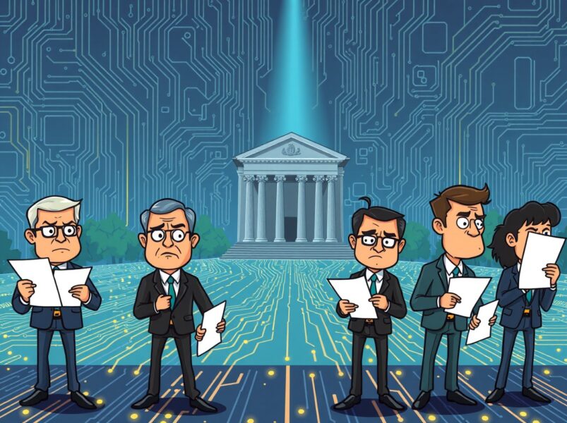 Cartoon of Coinbase shareholders suing executives in a tense legal setting.