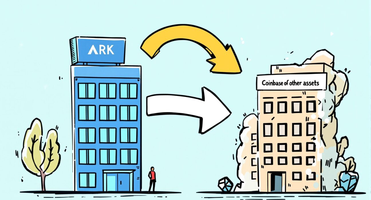 Cartoon illustration showing ARK Invest's strategic decision to sell Coinbase shares, impacting the crypto investment landscape.