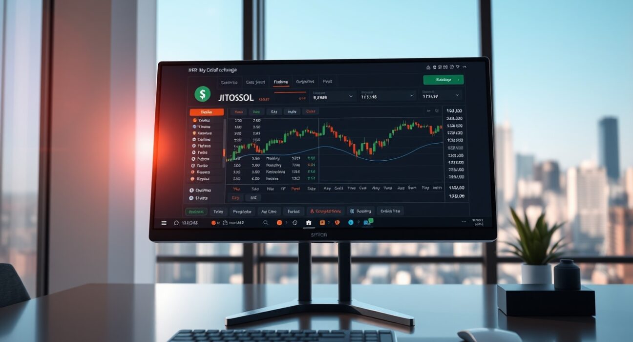 Coinbase trading interface displaying SKR and JITOSOL tokens on a monitor in a professional office setting