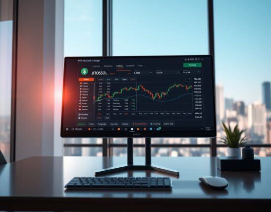 Coinbase trading interface displaying SKR and JITOSOL tokens on a monitor in a professional office setting