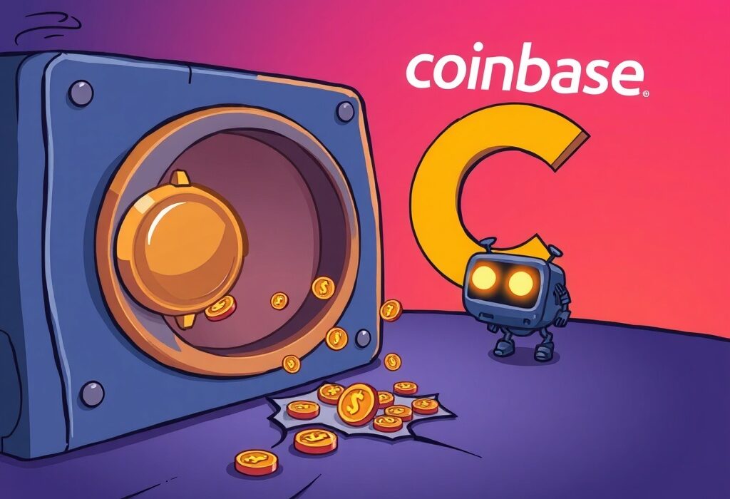 A cartoon showing a digital vault with a small leak, symbolizing a Coinbase smart contract vulnerability and its swift resolution.
