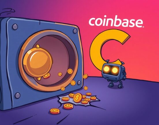 A cartoon showing a digital vault with a small leak, symbolizing a Coinbase smart contract vulnerability and its swift resolution.