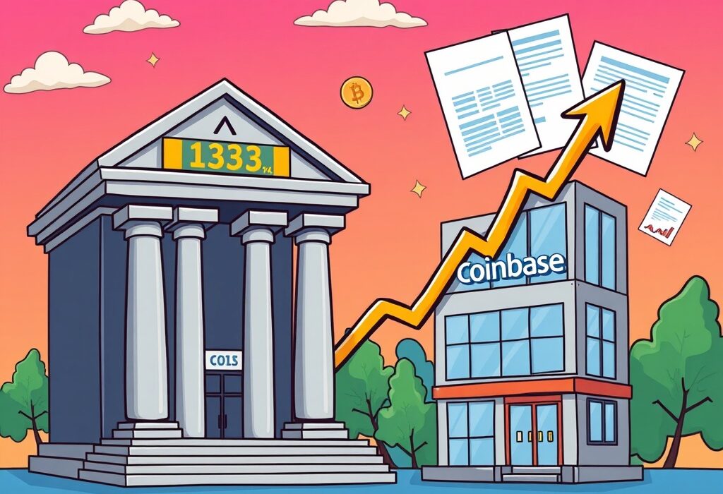 A cartoon illustration symbolizing Coinbase's soaring price target driven by regulatory momentum and institutional confidence.