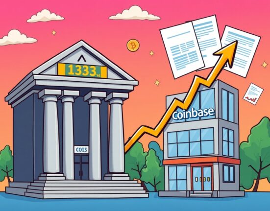 A cartoon illustration symbolizing Coinbase's soaring price target driven by regulatory momentum and institutional confidence.