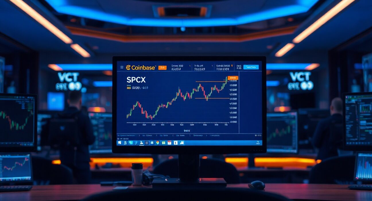 Trading monitors displaying Coinbase interface and SPCX futures chart in a professional trading office
