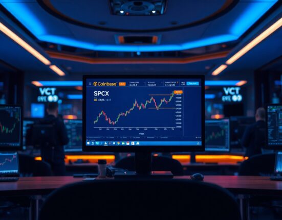 Trading monitors displaying Coinbase interface and SPCX futures chart in a professional trading office