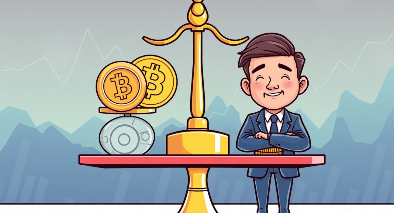 Cartoon illustration showing balanced speculative leverage creating stable cryptocurrency market conditions