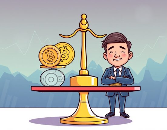 Cartoon illustration showing balanced speculative leverage creating stable cryptocurrency market conditions
