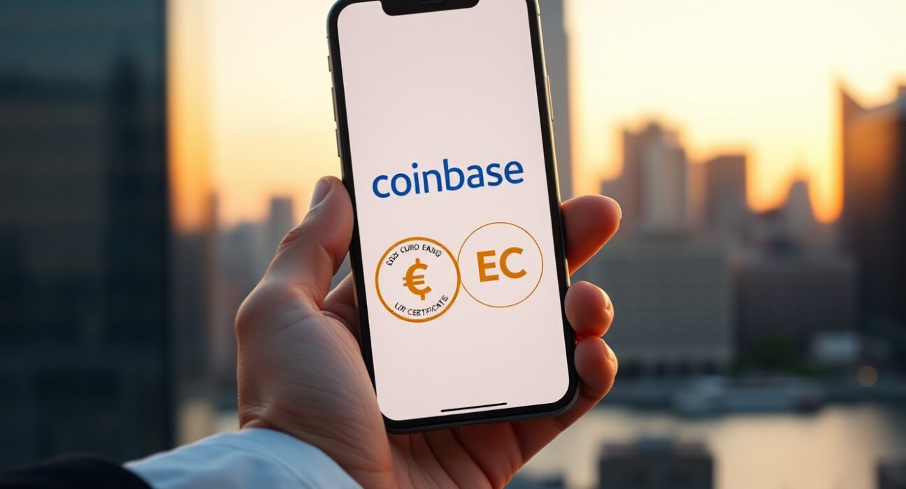 Smartphone displaying Coinbase wallet with USDC and EURC stablecoins flowing into a government bond fund icon, representing digital payment integration.