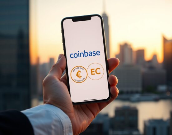 Smartphone displaying Coinbase wallet with USDC and EURC stablecoins flowing into a government bond fund icon, representing digital payment integration.