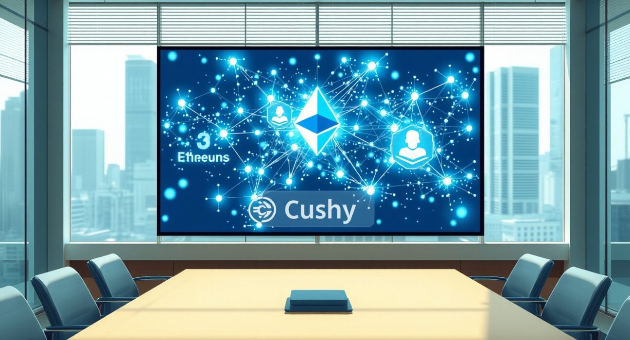 Coinbase stablecoin credit fund CUSHY displayed on a digital screen in a modern boardroom with blockchain network visualization.