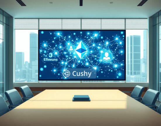 Coinbase stablecoin credit fund CUSHY displayed on a digital screen in a modern boardroom with blockchain network visualization.