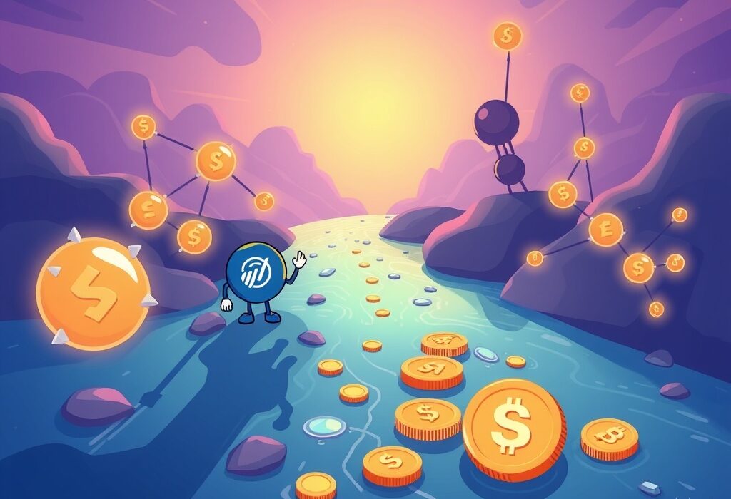 Cartoon showing Coinbase Stablecoin Fund injecting stablecoin liquidity into DeFi platforms, symbolizing growth in crypto finance.