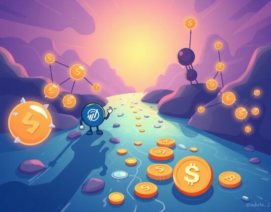 Cartoon showing Coinbase Stablecoin Fund injecting stablecoin liquidity into DeFi platforms, symbolizing growth in crypto finance.