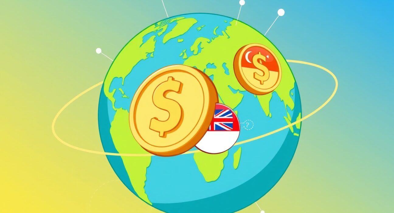 Cartoon illustration of new Coinbase stablecoins, AUDD and XSGD, connecting global markets.