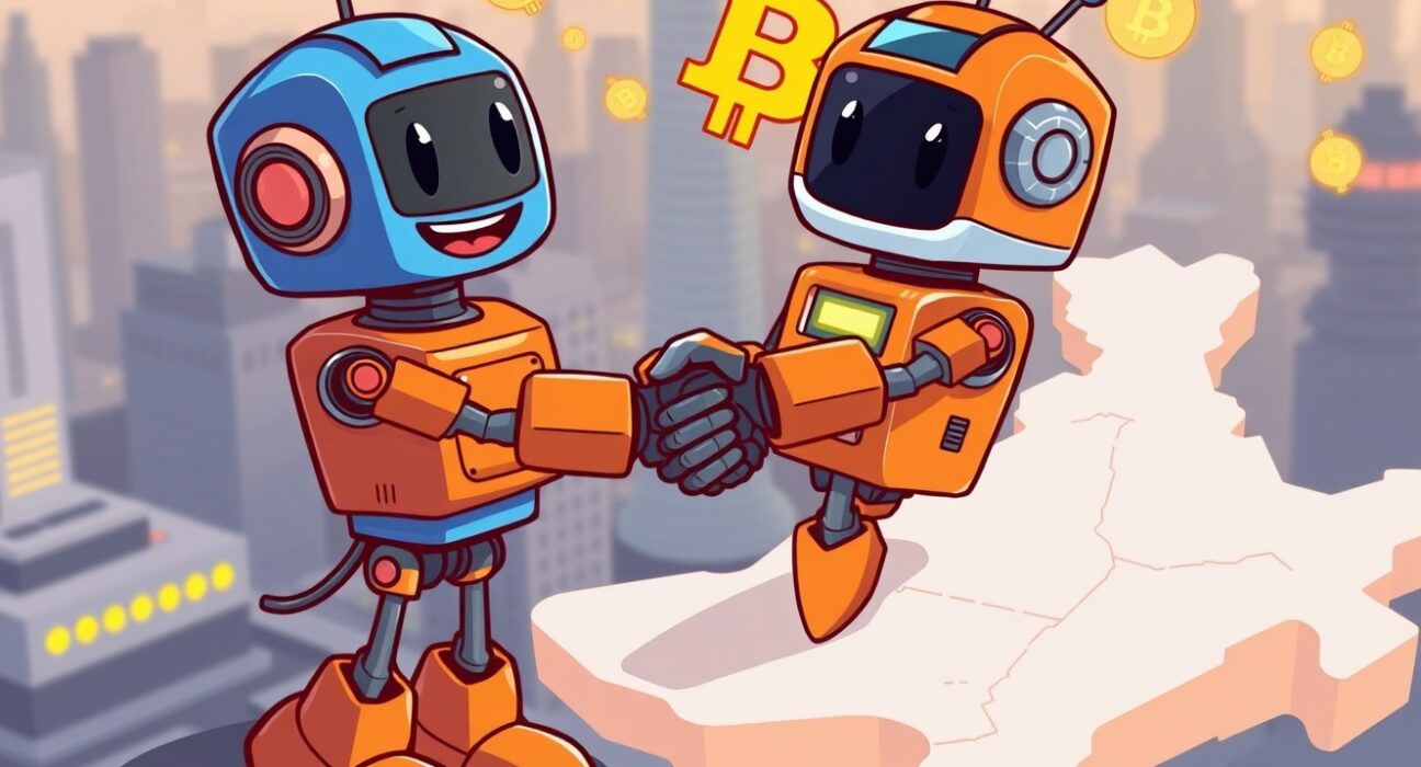 Strategic partnership illustration showing Coinbase and CoinDCX securing approval for crypto expansion in India.