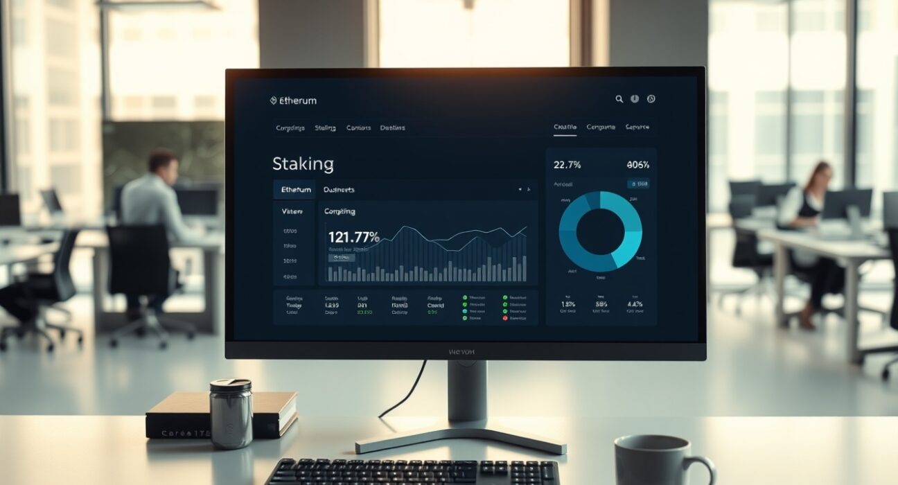 Coinbase Ethereum staking dashboard showing 4.5 million ETH staked and 12.17% share in a professional office setting