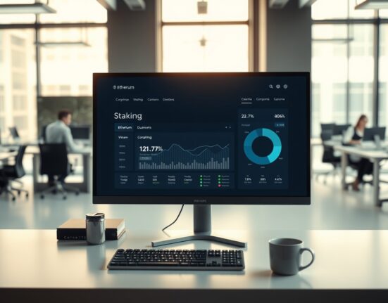 Coinbase Ethereum staking dashboard showing 4.5 million ETH staked and 12.17% share in a professional office setting