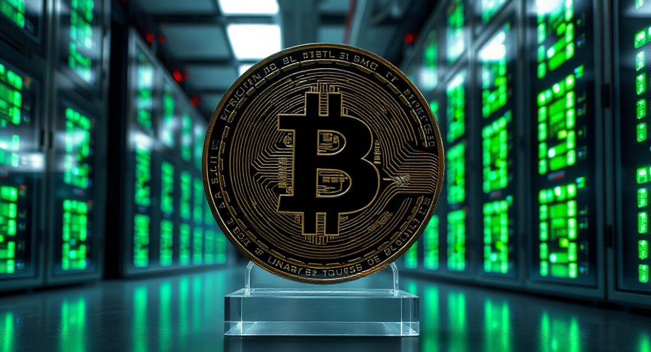 Coinbase staking operations: SOL coin in front of data center servers
