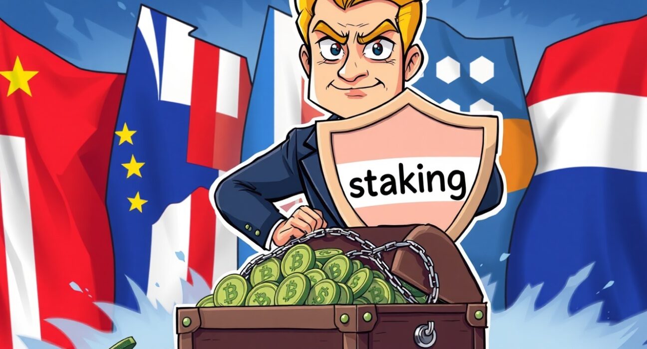 Cartoon illustration of the Coinbase staking lawsuit defense against five remaining states, with locked user rewards.