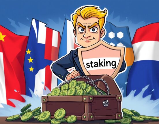 Cartoon illustration of the Coinbase staking lawsuit defense against five remaining states, with locked user rewards.