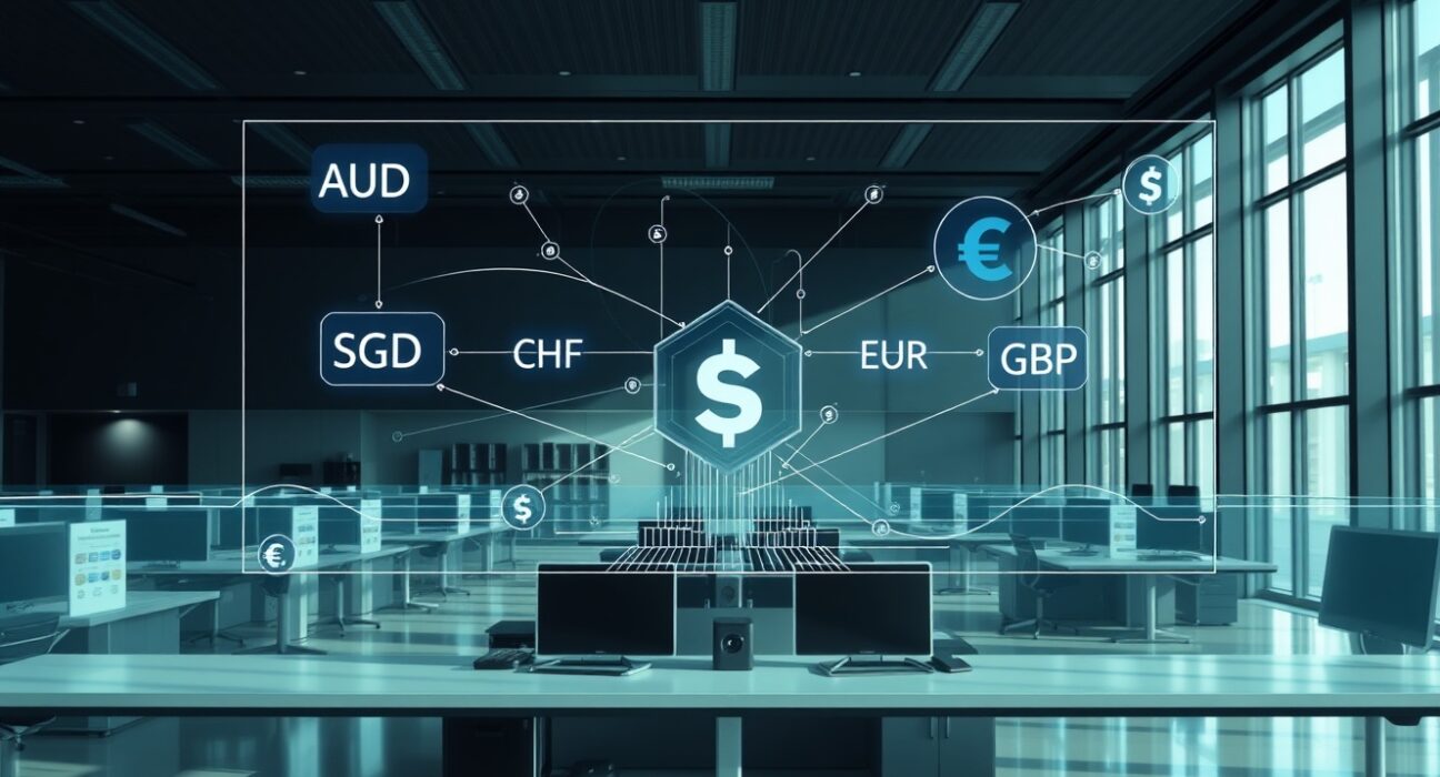 Modern financial trading floor with digital multi-currency transaction interface connecting to blockchain network