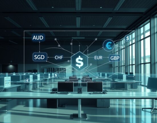 Modern financial trading floor with digital multi-currency transaction interface connecting to blockchain network