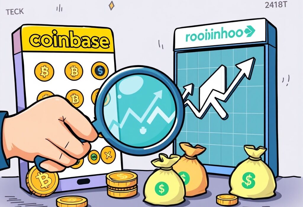 An investor analyzing Coinbase stock and Robinhood investment charts, symbolizing Mizuho's differing outlooks on crypto platforms.