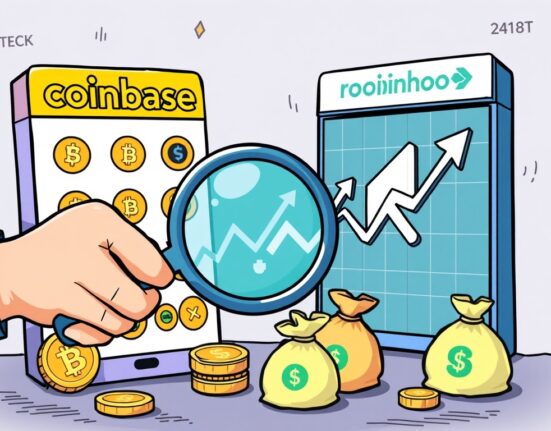An investor analyzing Coinbase stock and Robinhood investment charts, symbolizing Mizuho's differing outlooks on crypto platforms.