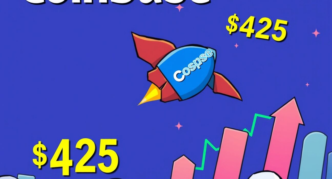 A cartoon rocket symbolizing Coinbase stock reaching new heights, reflecting a significant price target increase and strong market optimism.