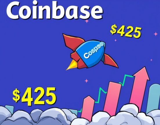 A cartoon rocket symbolizing Coinbase stock reaching new heights, reflecting a significant price target increase and strong market optimism.