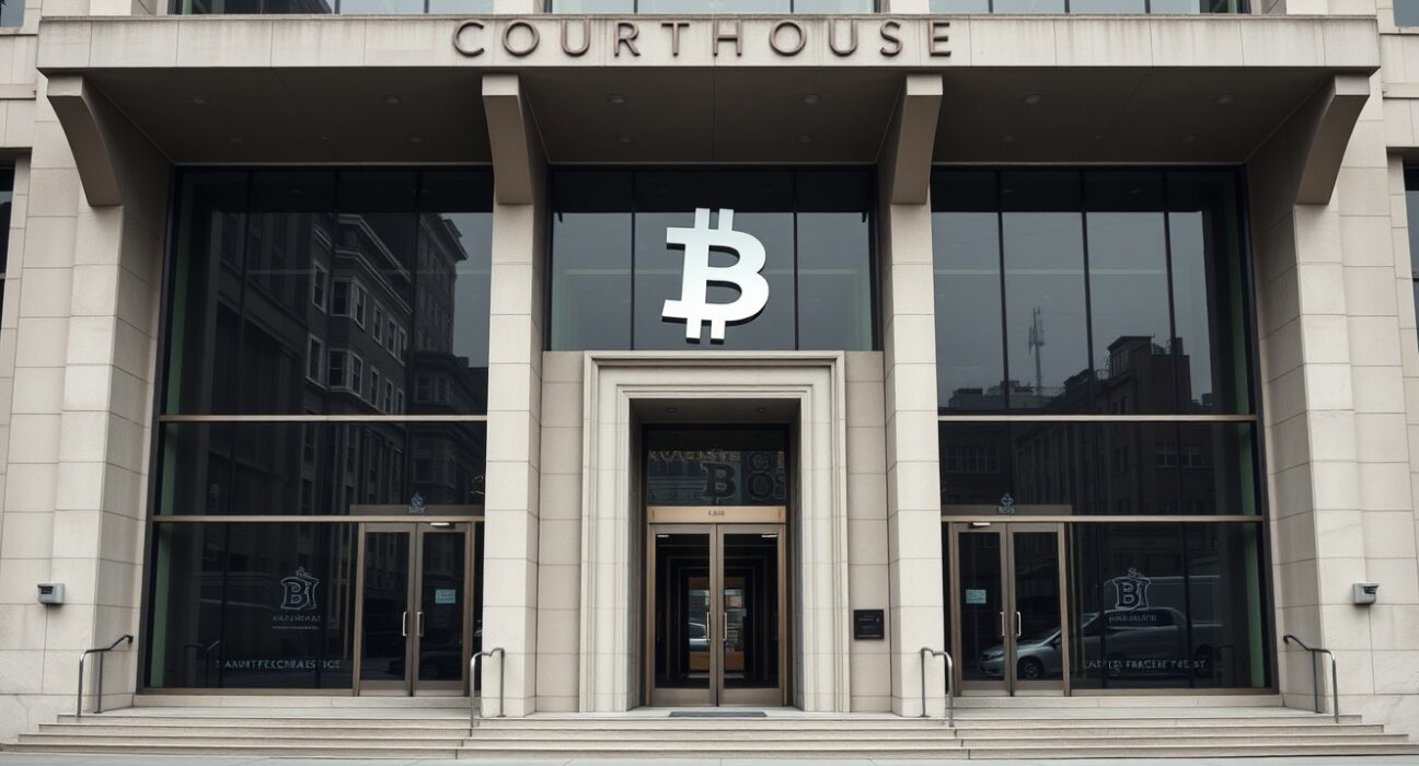 Exterior of a San Francisco federal courthouse under overcast sky, reflecting digital currency symbols.