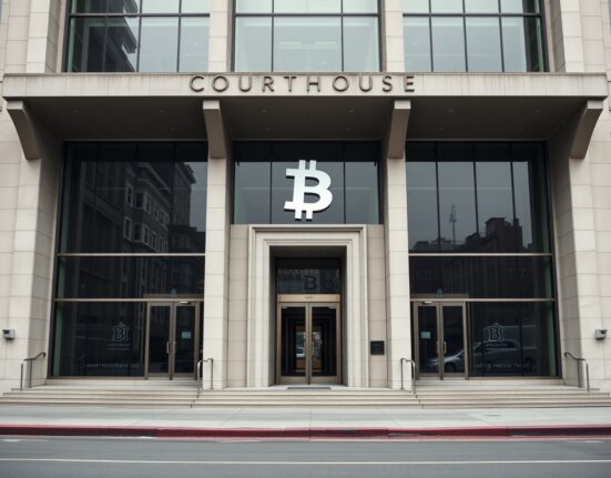 Exterior of a San Francisco federal courthouse under overcast sky, reflecting digital currency symbols.