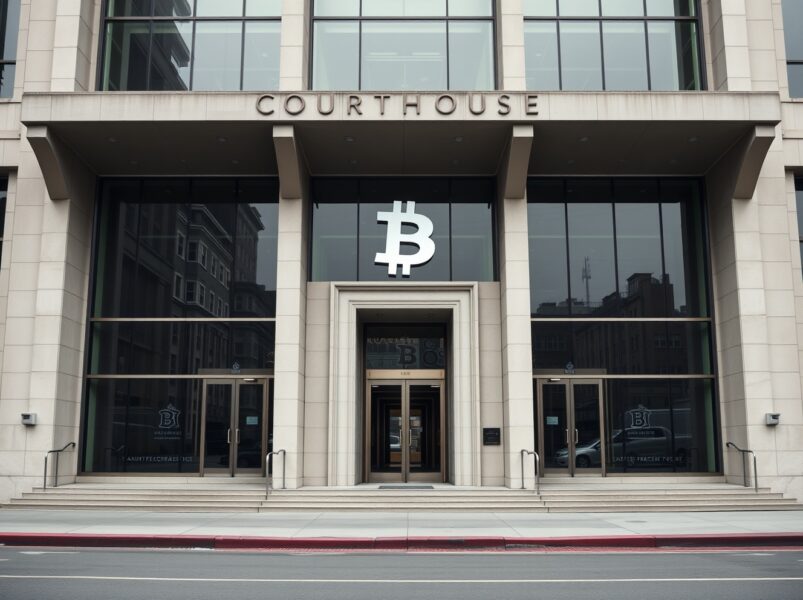 Exterior of a San Francisco federal courthouse under overcast sky, reflecting digital currency symbols.