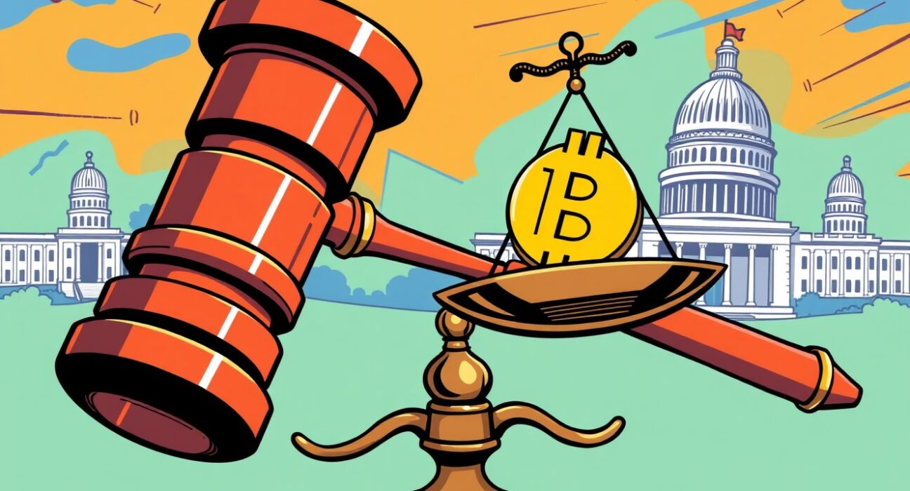 Cartoon illustration of the legal battle over cryptocurrency prediction markets with Coinbase and state governments.