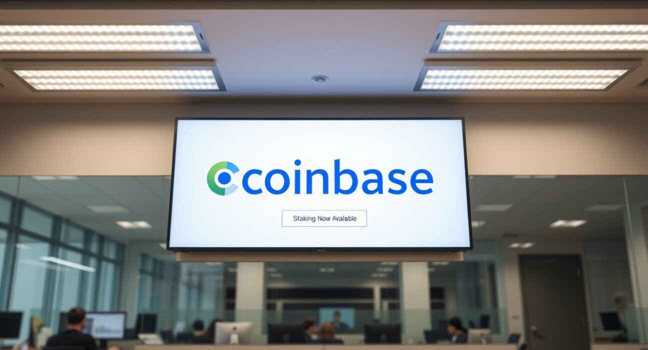 Coinbase exchange screen displaying SUI staking announcement in a modern office