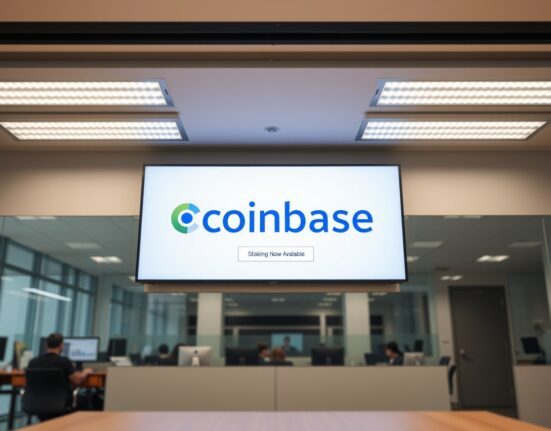 Coinbase exchange screen displaying SUI staking announcement in a modern office