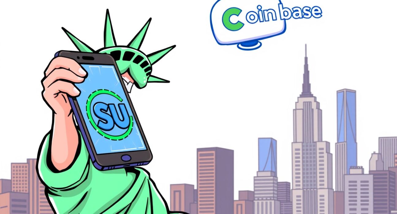 Cartoon illustration symbolizing Coinbase SUI trading access unlocking for New York users.