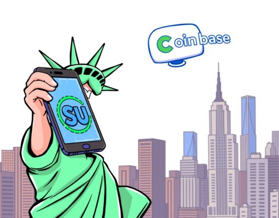 Cartoon illustration symbolizing Coinbase SUI trading access unlocking for New York users.