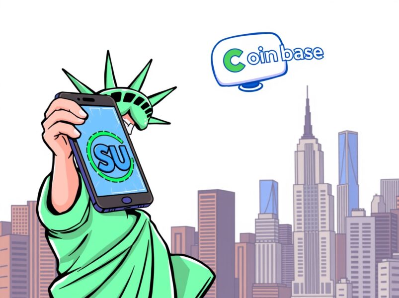 Cartoon illustration symbolizing Coinbase SUI trading access unlocking for New York users.