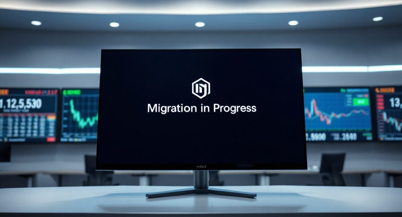 Cryptocurrency exchange interface showing INJ token migration status on a monitor in a professional trading environment.